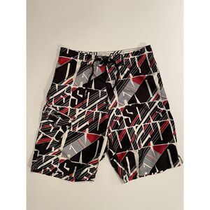 Maui and Sons Mens Board Shorts Size 32 Black Red Geometric Abstract Swim Trunks